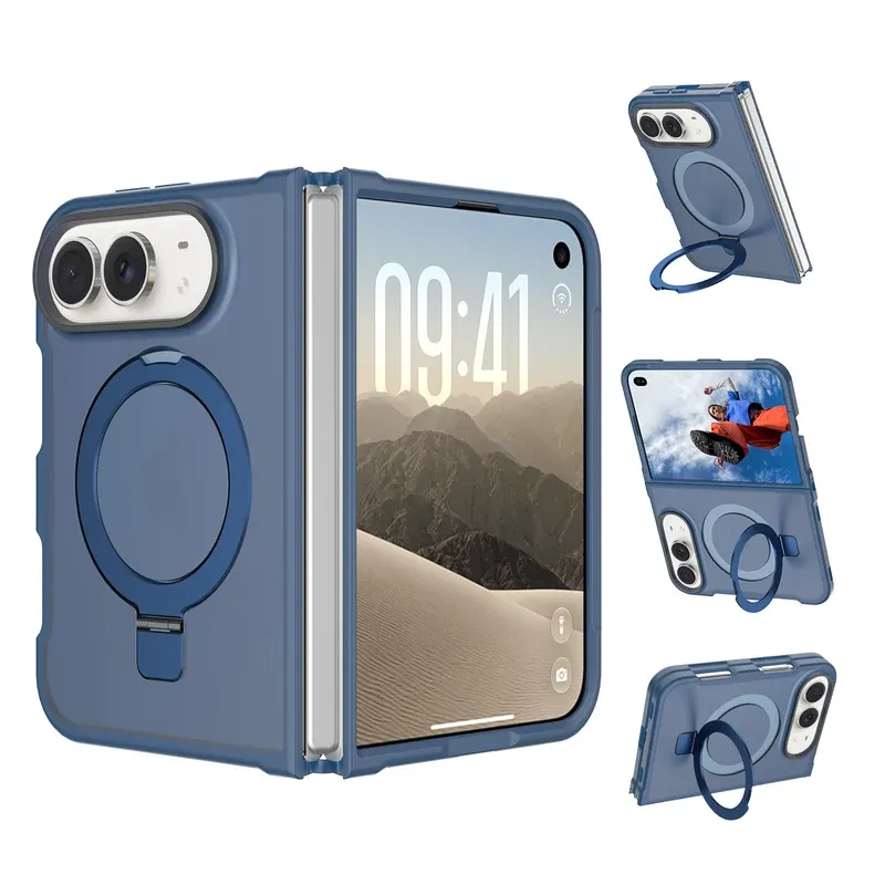 Navy blue MagSafe ring grip stand case for iPhone Duo, back and front view with the flexible ring stand