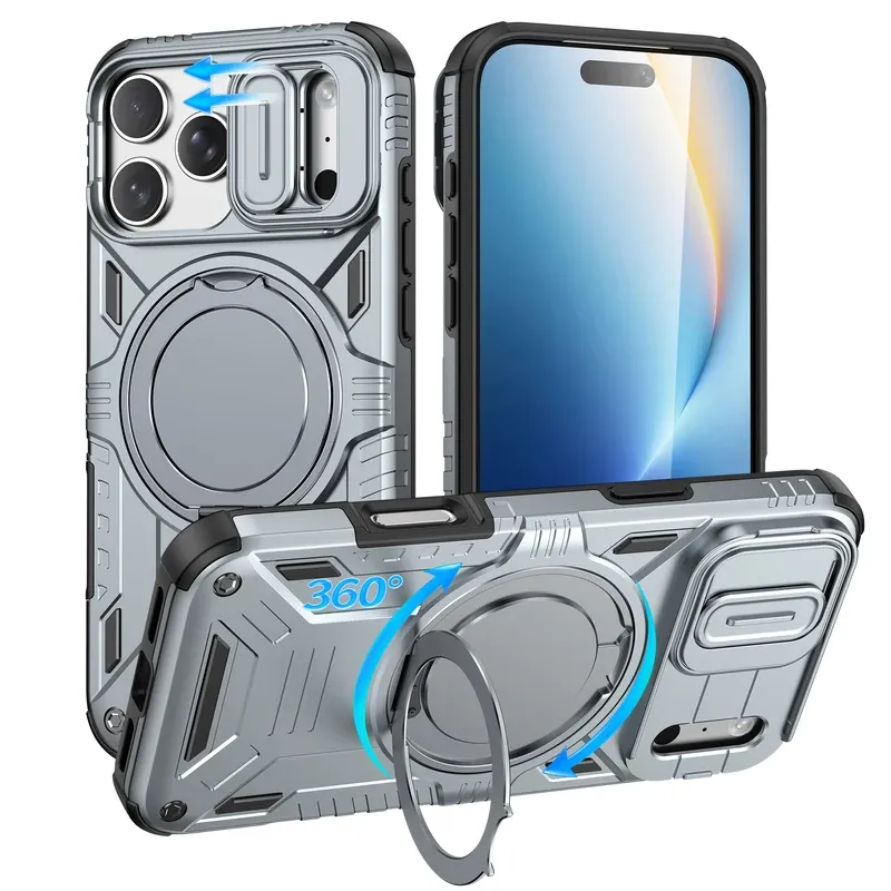 Light grey armor case for iPhone 18 Pro with a rotating magnetic ring stand and sliding camera cover, front and back view