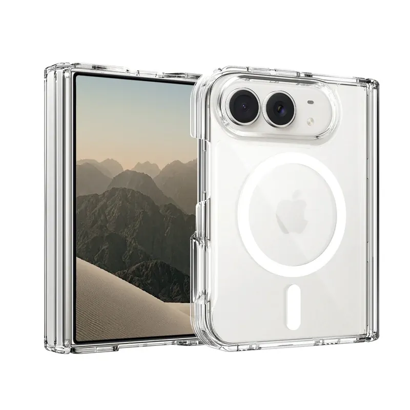 Clear all-in-one storage anti-scratch case for iPhone Duo, folded and open view