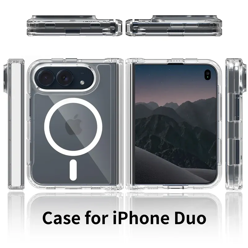 Clear 2.0 anti-scratch hinge cover case for iPhone Duo, back cover and front cover laid flat