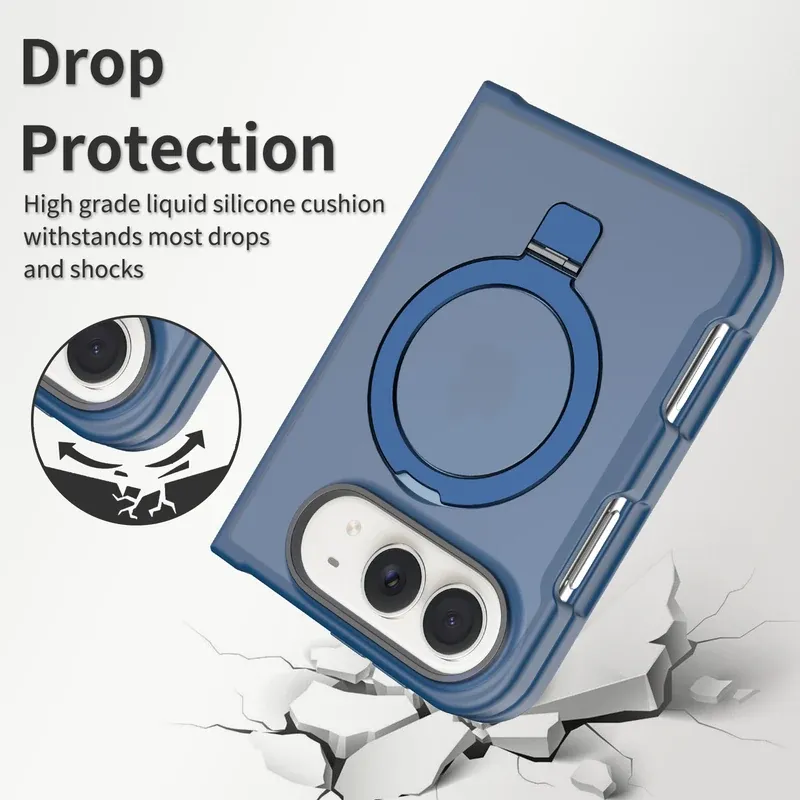 Drop protection with a liquid silicone cushion on the navy blue case for iPhone Duo
