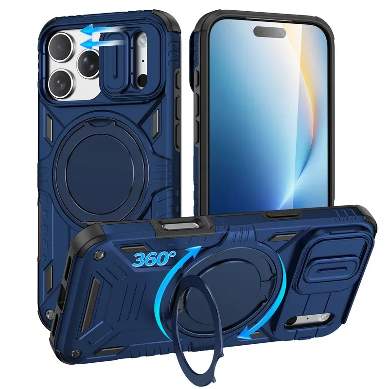 Deep blue armor case for iPhone 18 Pro with a rotating magnetic ring stand and sliding camera cover