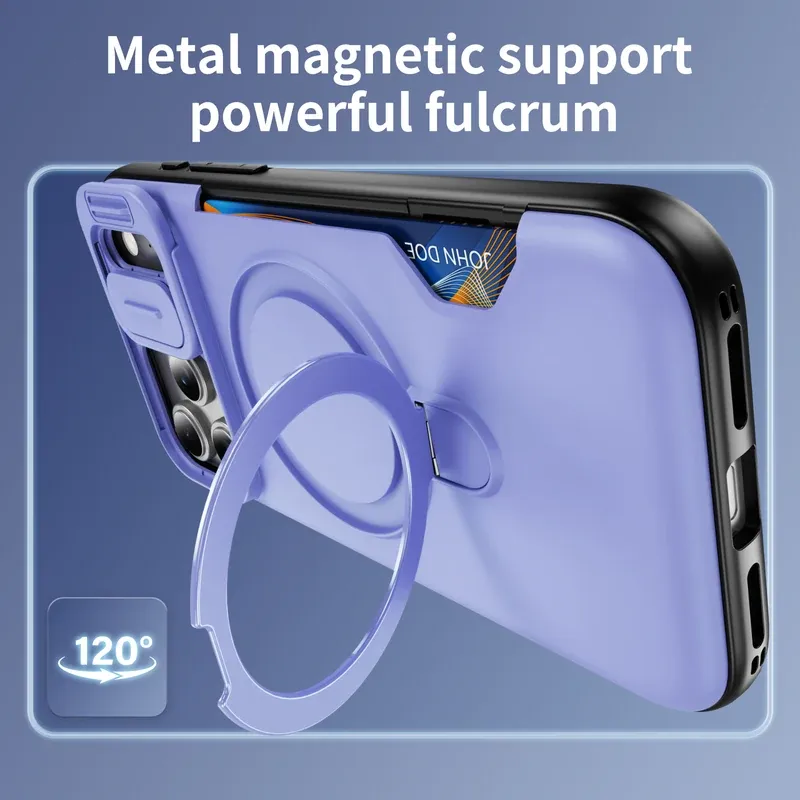 Metal magnetic support with powerful fulcrum at 120 degrees on the Light purple iPhone 18 Pro Max case
