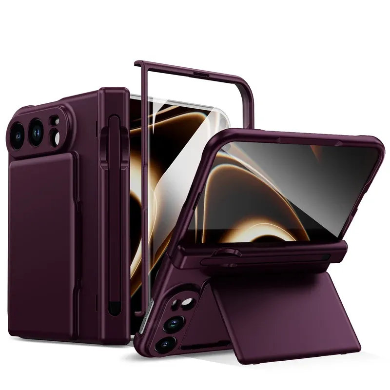 Wine red card holder pen slot fold case for iPhone Duo, folded front and back
