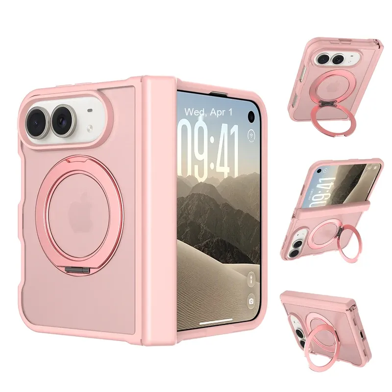 Pink rotating ring kickstand case with side cover for iPhone Duo, folded and open