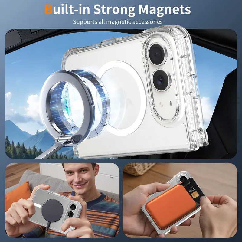 Built-in strong magnets supporting magnetic accessories on the clear case for iPhone Duo