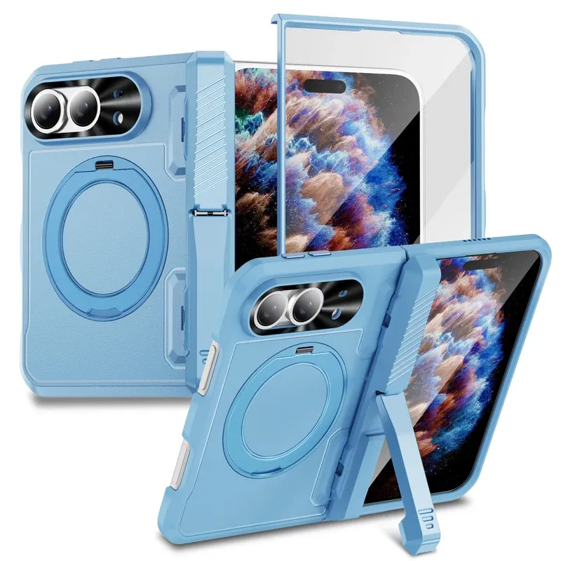 Light Blue 2-in-1 dual bracket MagSafe case for iPhone Duo, shown folded, unfolded and flat