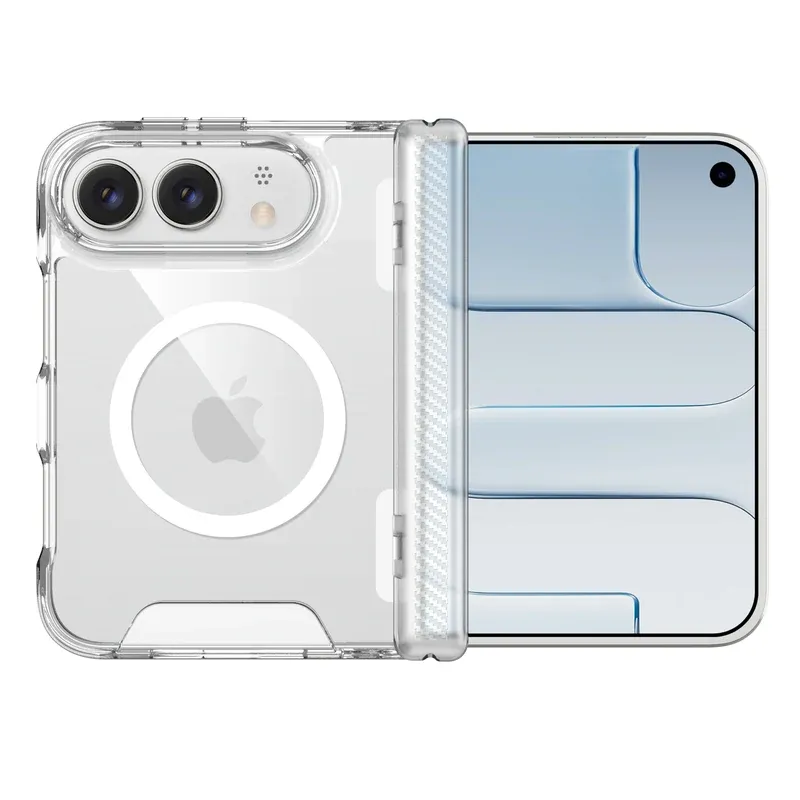 Clear space shell magnetic mid-axis case for iPhone Duo, folded and unfolded