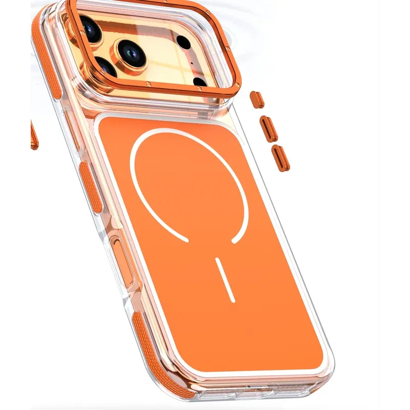 Aluminum independent buttons on the orange two-tone clear MagSafe case for iPhone 17 Pro Max