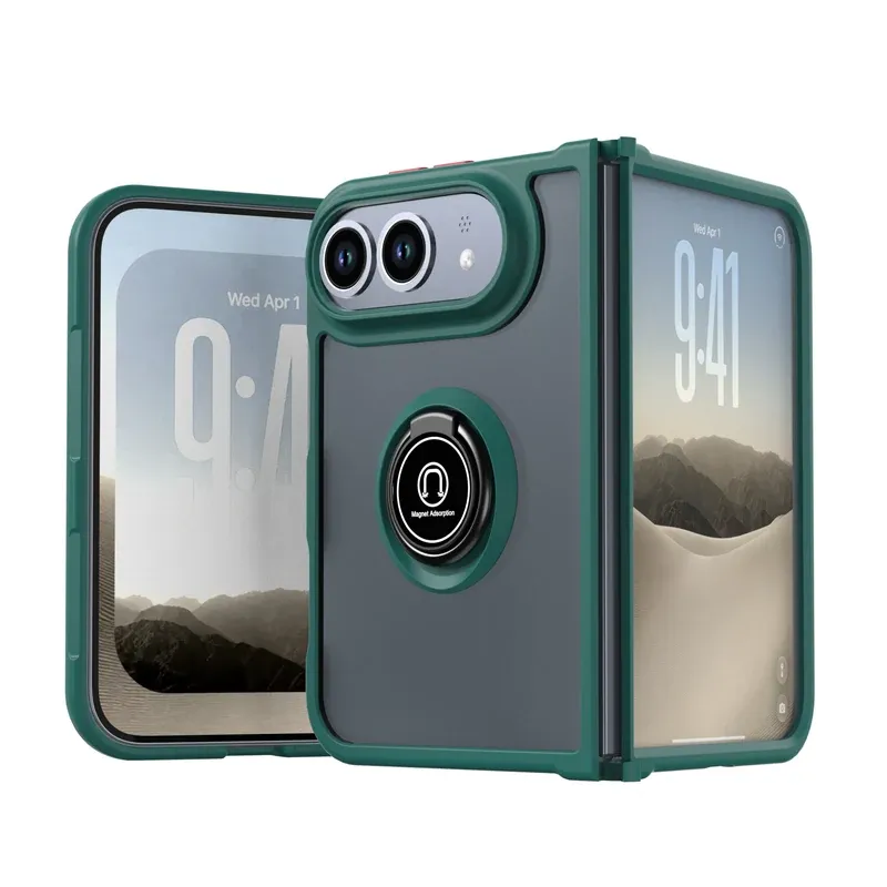 Dark green Qiying Gen 1 magnetic case for iPhone Duo, folded and unfolded with ring stand