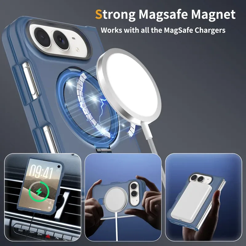 Strong MagSafe magnet on the navy blue case for iPhone Duo, working with MagSafe chargers