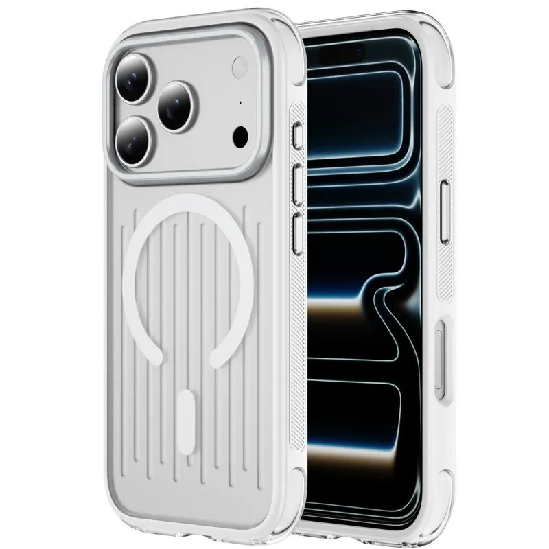 White gradient airbag luggage MagSafe case for iPhone 18 Pro Max, front and back