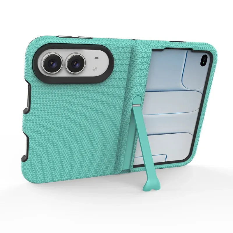 Mint green NewShield case for iPhone Duo with the hidden kickstand deployed