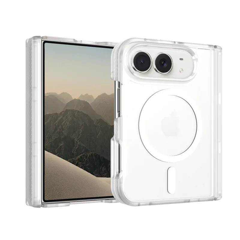Frosted clear all-in-one storage skin-feel case for iPhone Duo, folded and open view