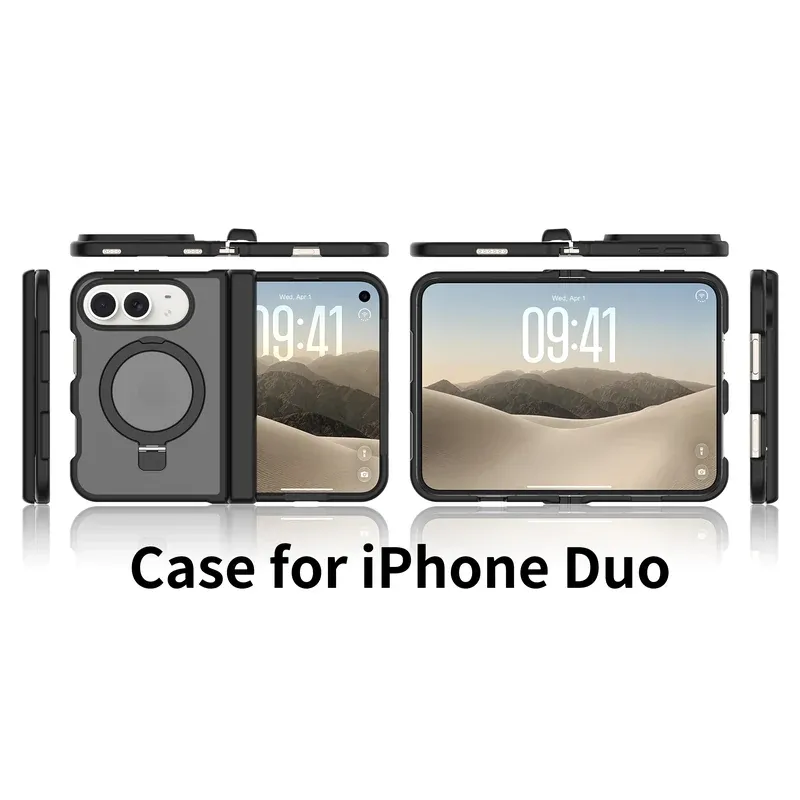 Black racket ring stand case with side cover for iPhone Duo, back cover and front cover laid out