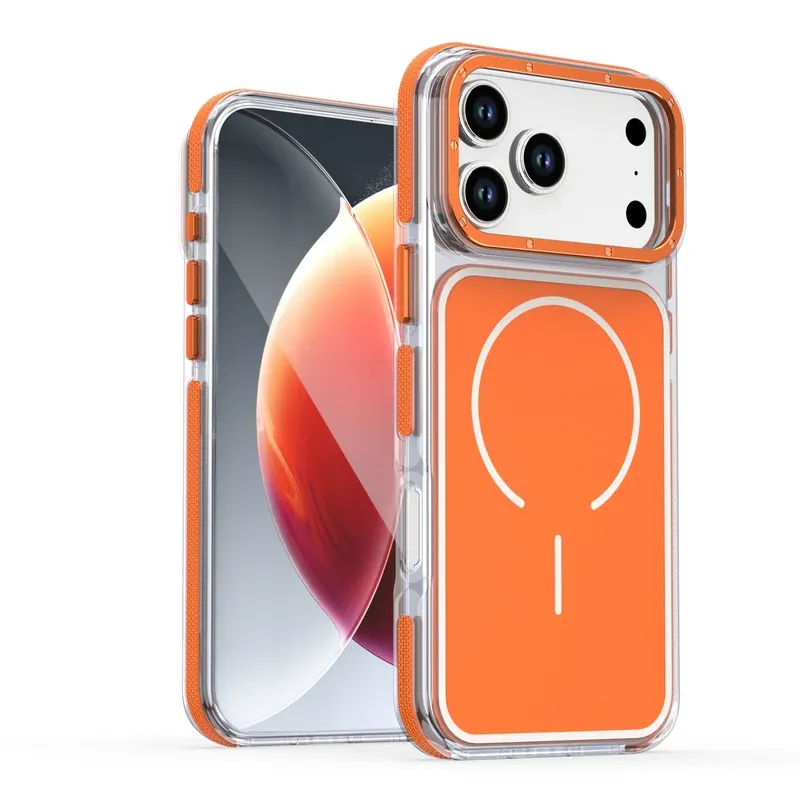 Orange two-tone clear MagSafe case for iPhone 17 Pro Max, front and back view with the magnetic ring