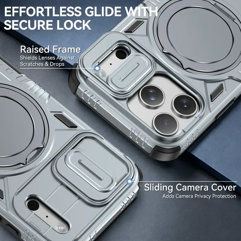 Sliding camera cover and raised frame on the light grey armor case for iPhone 18 Pro