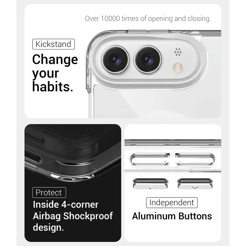 Over 10000 times of opening and closing with 4-corner airbag shockproof design and independent aluminum buttons