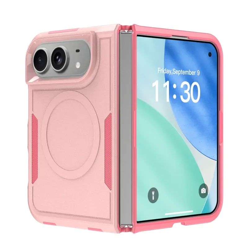 Pink Qihang 2-in-1 fold case for iPhone Duo, folded and open view