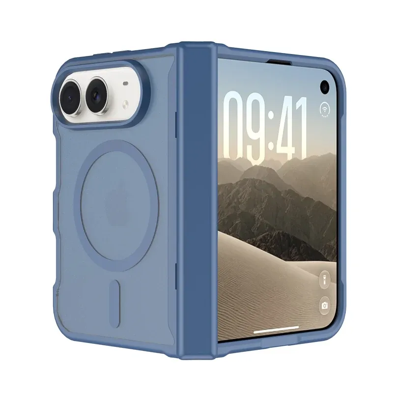 Royal blue skin-feel 2-in-1 case with spring hinge cover for iPhone Duo, folded and open