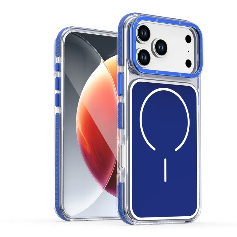 Deep blue two-tone clear MagSafe case for iPhone 17 Pro Max, front and back view