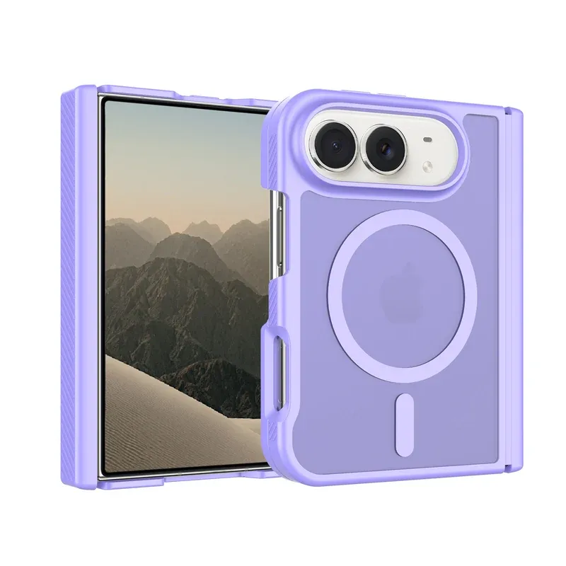 Lavender all-in-one storage skin-feel magnetic case for iPhone Duo, folded and open view