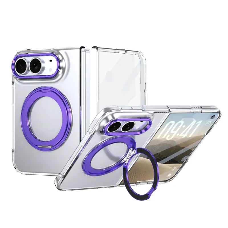 Violet ice-sense rotating fold case for iPhone Duo, clear shell with a 360 degree ring stand