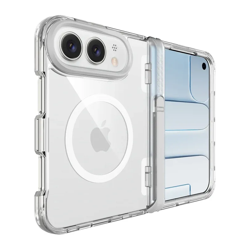 Clear mid-axis bracket case for iPhone Duo from a side angle