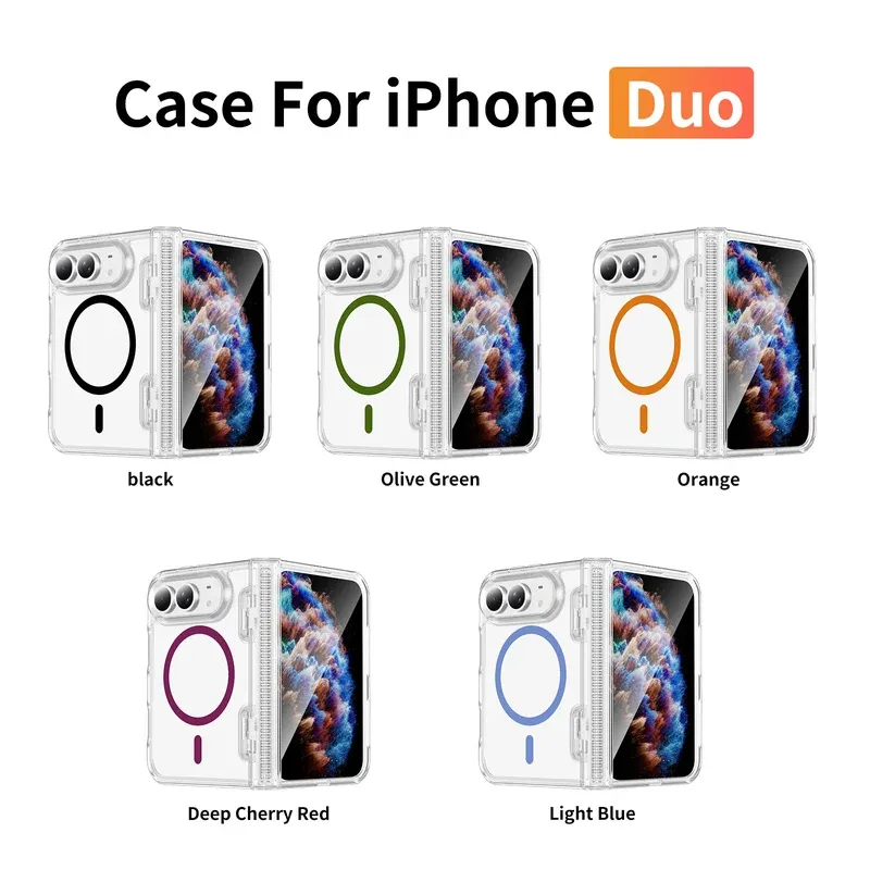 All five iPhone Duo crystal clear case colors: black, Olive Green, Orange, Deep Cherry Red and Light Blue