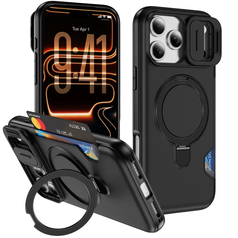 Black slide-window MagSafe case for iPhone 18 Pro Max with kickstand and card slot