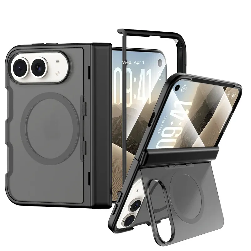 Black spring side cover dual back case for iPhone Duo, folded with the ring stand