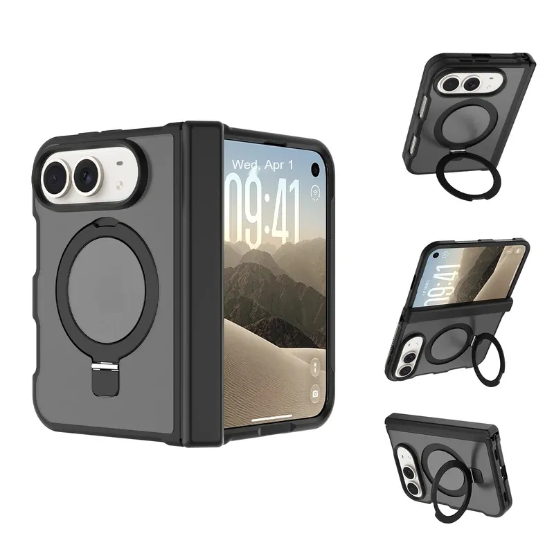 Black racket ring stand case with side cover for iPhone Duo, folded and open view