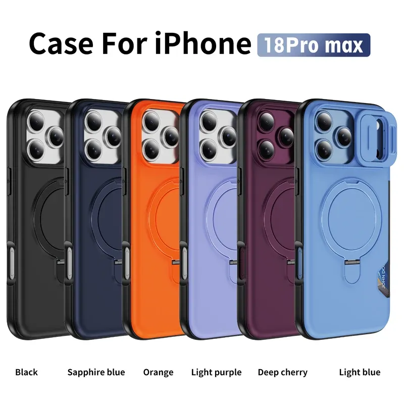Six slide-window case colors for iPhone 18 Pro Max: Black, Sapphire blue, Orange, Light purple, Deep cherry and Light blue