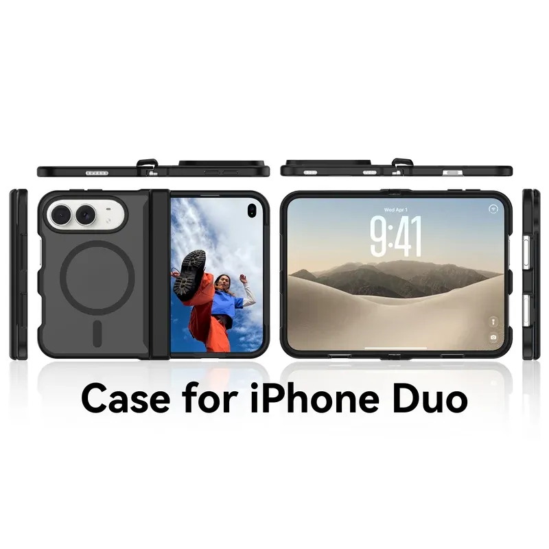 Black skin-feel 2-in-1 case with spring hinge cover for iPhone Duo, folded and open
