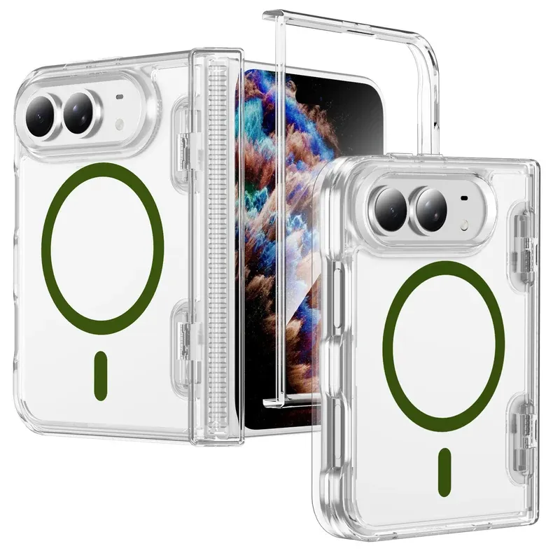Olive Green spring hinge crystal clear magnetic ring case for iPhone Duo, folded and unfolded