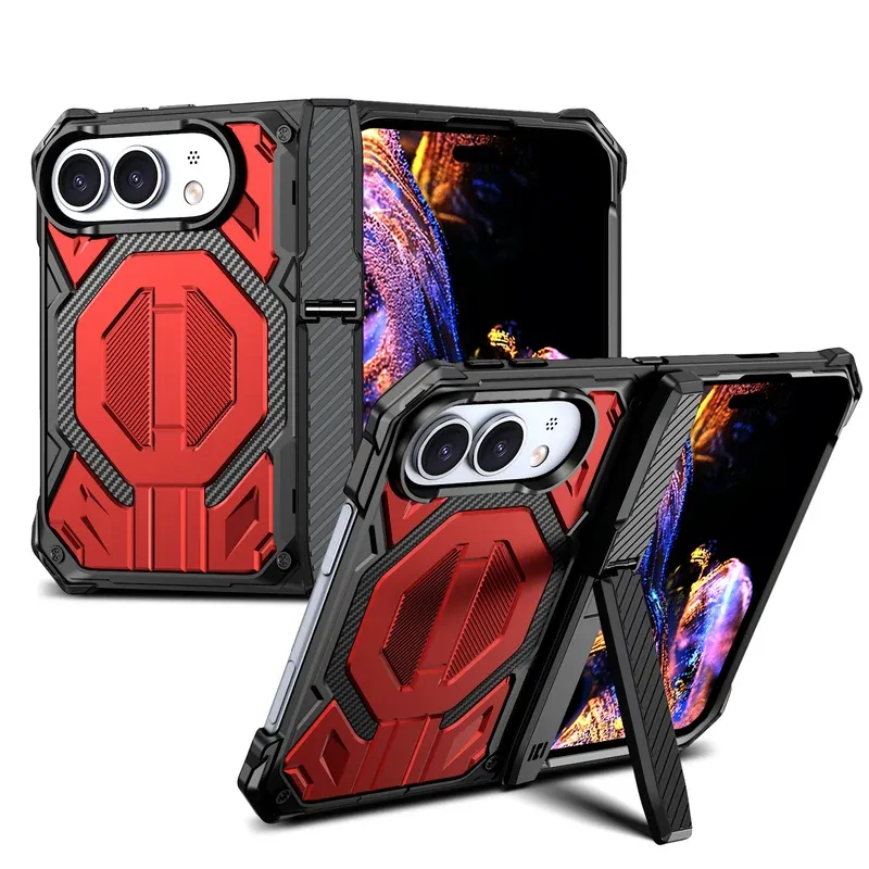 Red Explorer tri-proof mid-axis bracket case for iPhone Duo, folded and unfolded