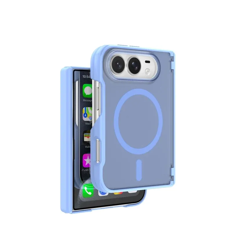Light blue Pudun dual mid-axis case for iPhone Duo, folded back and front view