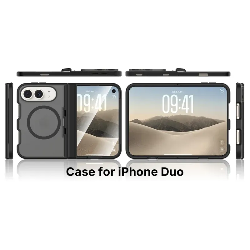 Spring side cover dual back case for iPhone Duo shown across four colours, folded and open
