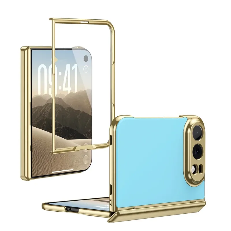 Ice blue AG frosted fold case for iPhone Duo with gold frame, folded front and back