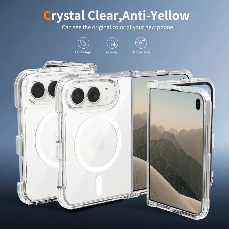 Clear 2.0 anti-scratch magnetic case for iPhone Duo, folded and open view