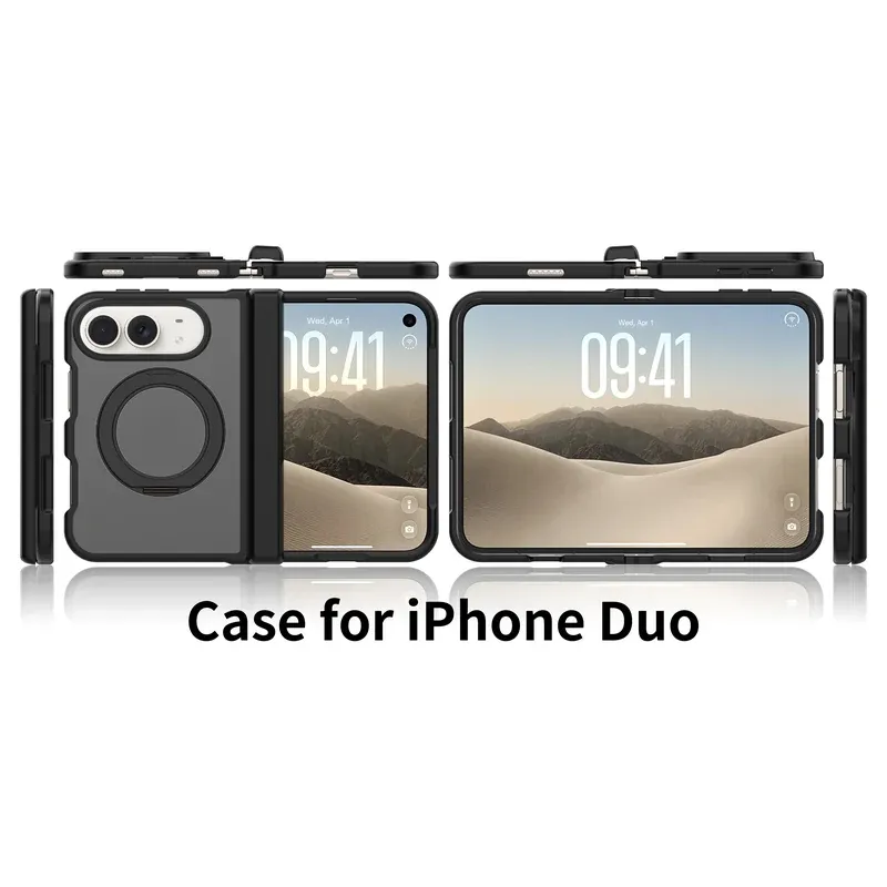 Rotating ring kickstand case with side cover for iPhone Duo, back cover and front view