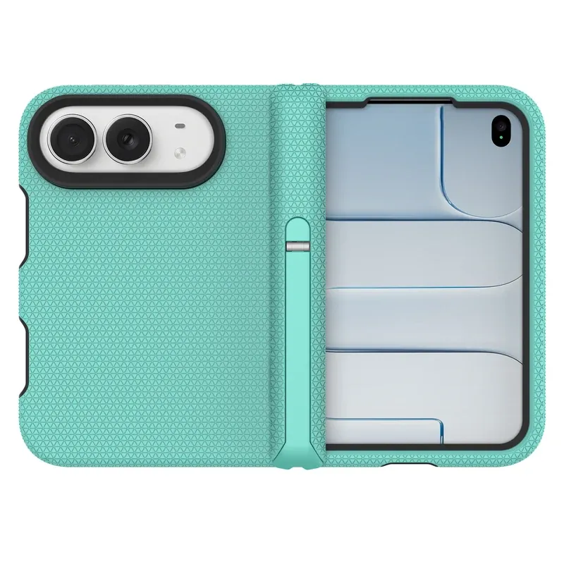 Mint green NewShield mid-axis bracket case for iPhone Duo, folded and unfolded