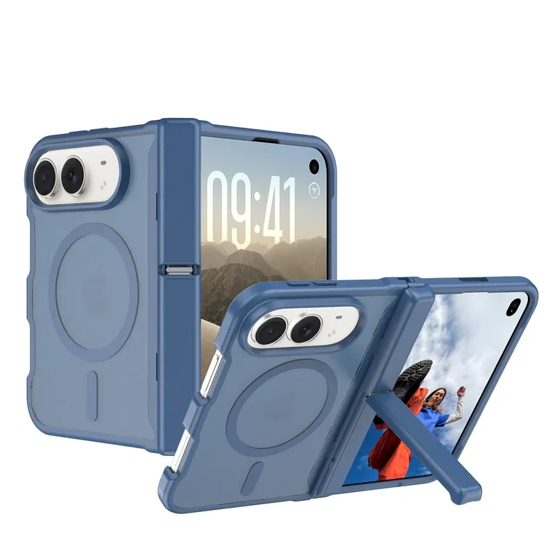 Royal blue skin-feel spring hinge kickstand case for iPhone Duo, folded and open