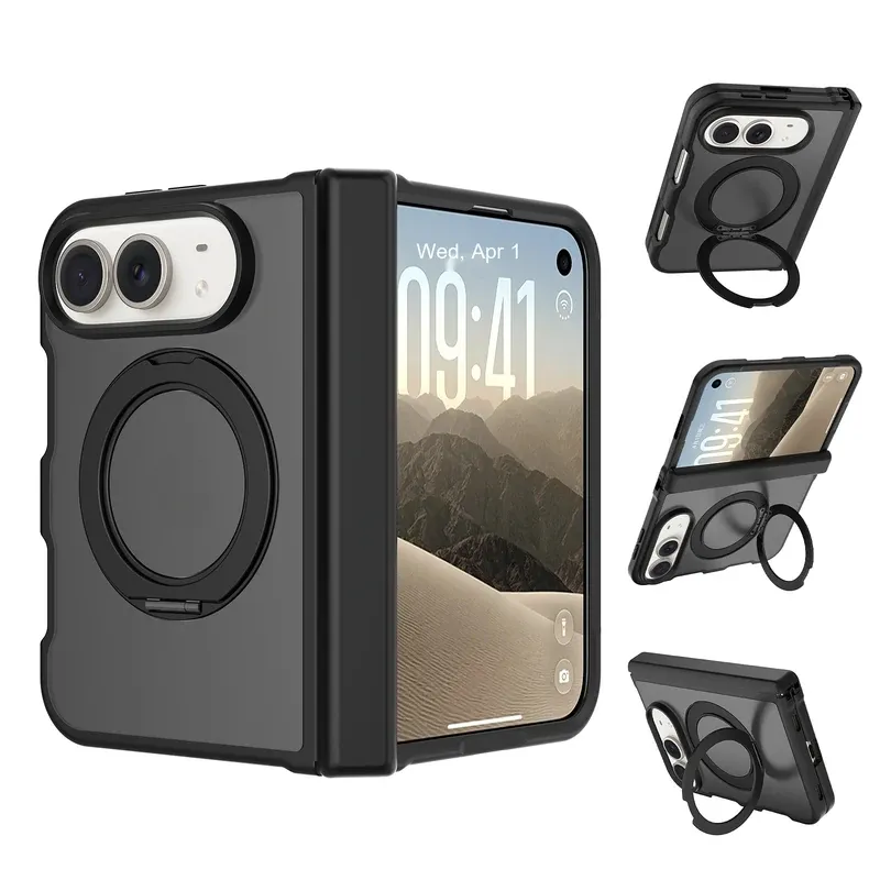 Black rotating ring kickstand case with side cover for iPhone Duo, folded and open