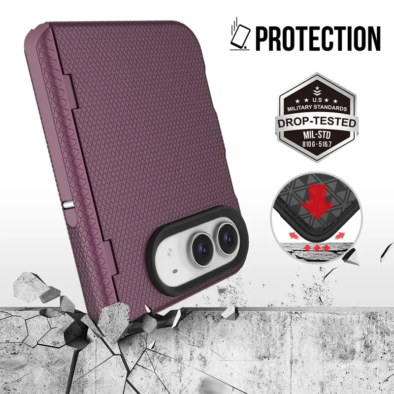 Burgundy NewShield mid-axis bracket case for iPhone Duo, folded and unfolded