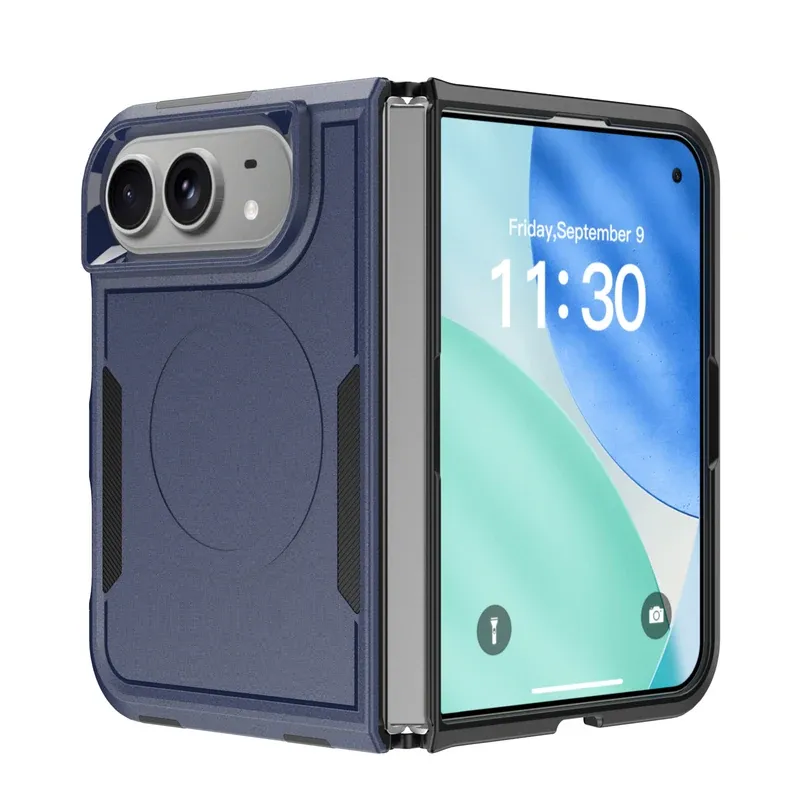 Navy Qihang 2-in-1 fold case for iPhone Duo, folded and open view