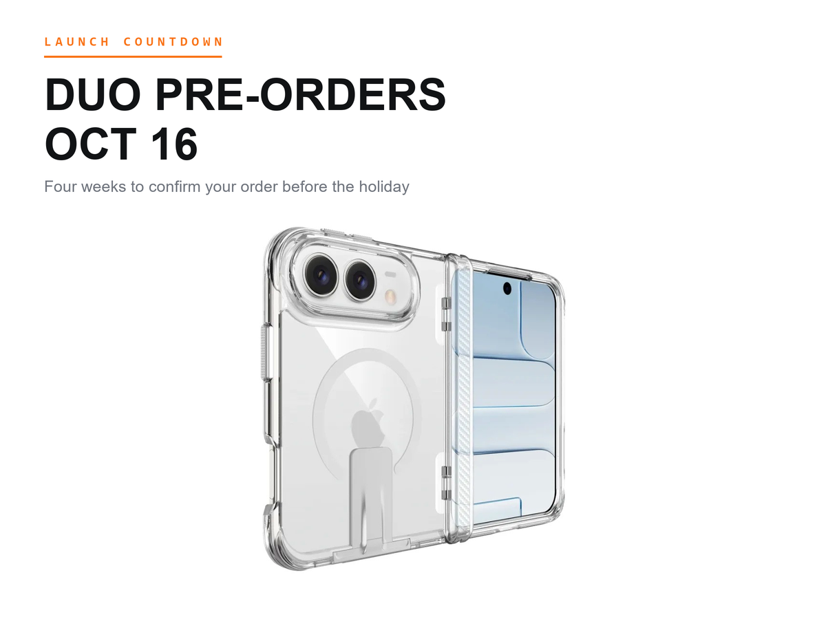 iPhone Duo clear stand case, pre-orders October 16