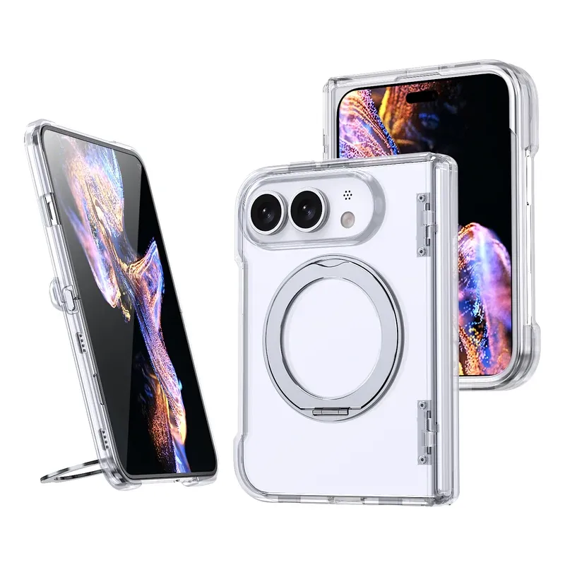 Transparent Wing B pivot magnetic case for iPhone Duo, folded and unfolded with ring stand