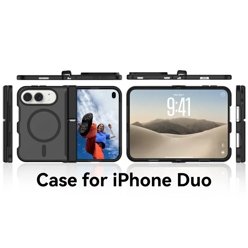 Black skin-feel spring hinge kickstand case for iPhone Duo, folded and open