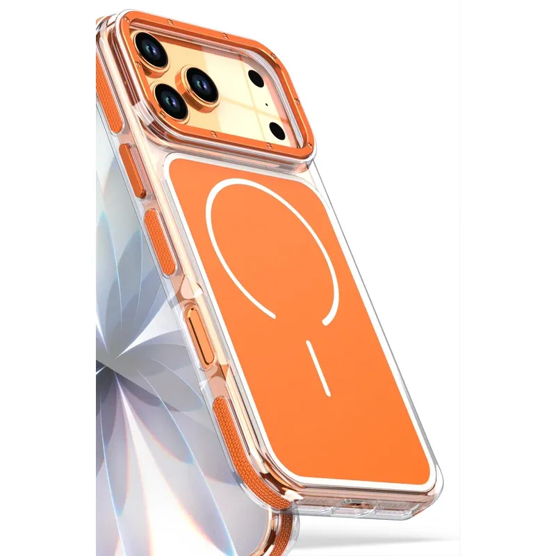 Raised camera and screen protection on the orange two-tone clear MagSafe case for iPhone 17 Pro Max